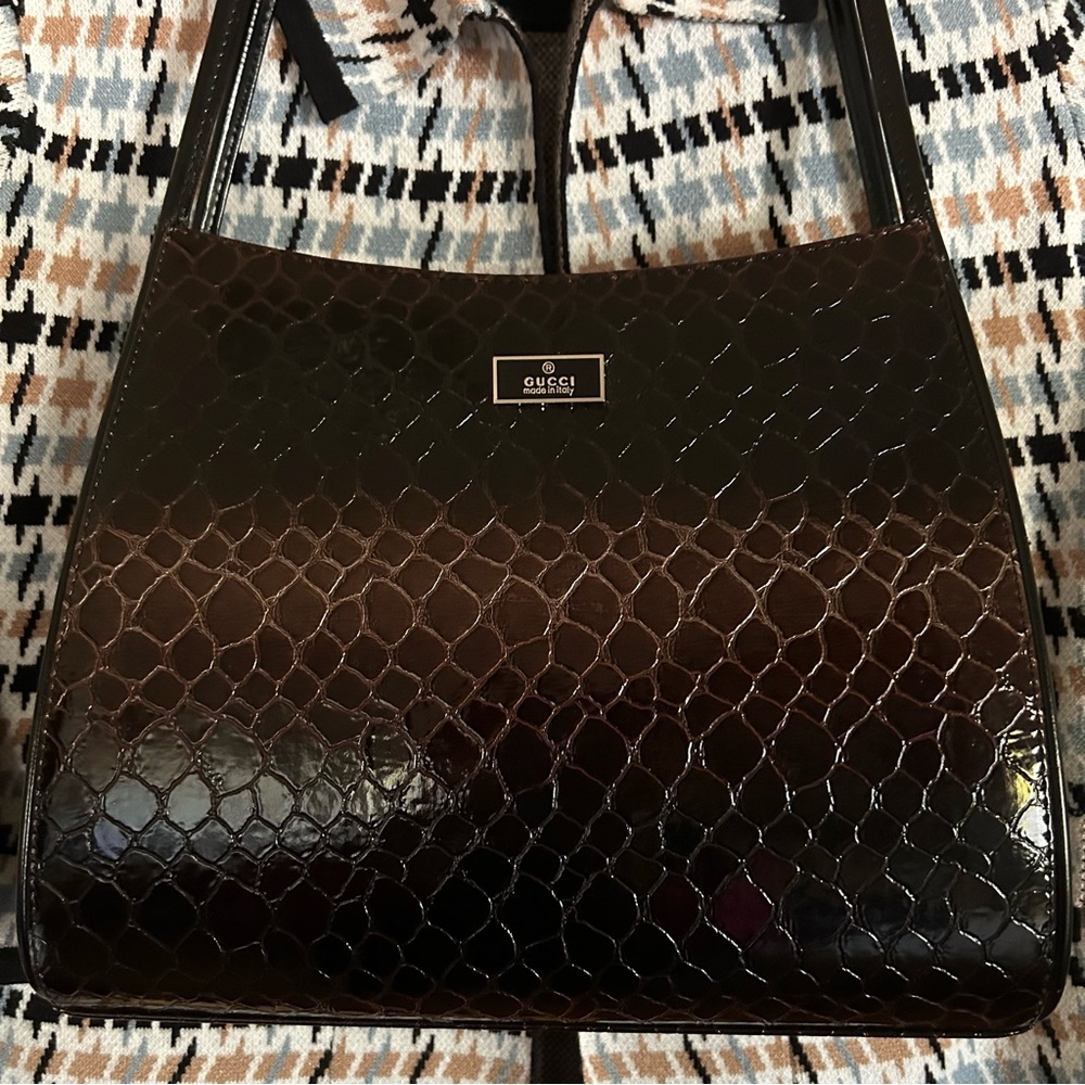 Brown Ombré Double Handle Croc Patent Handbag